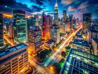 Fototapeta premium Night City Lightscape: Vibrant Urban Scene at Dusk, Illuminated Buildings & Streets