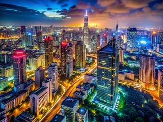 Obraz premium Night Cityscape: Illuminated Urban Skyline with Copy Space for Text