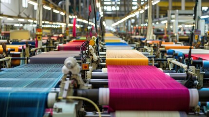Obraz premium A busy textile manufacturing plant with rows of automated looms producing fabrics in various colors and patterns, Textile factory scene, Fabric production style