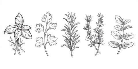 A Collection Of Five Culinary Herbs Drawn In Ink