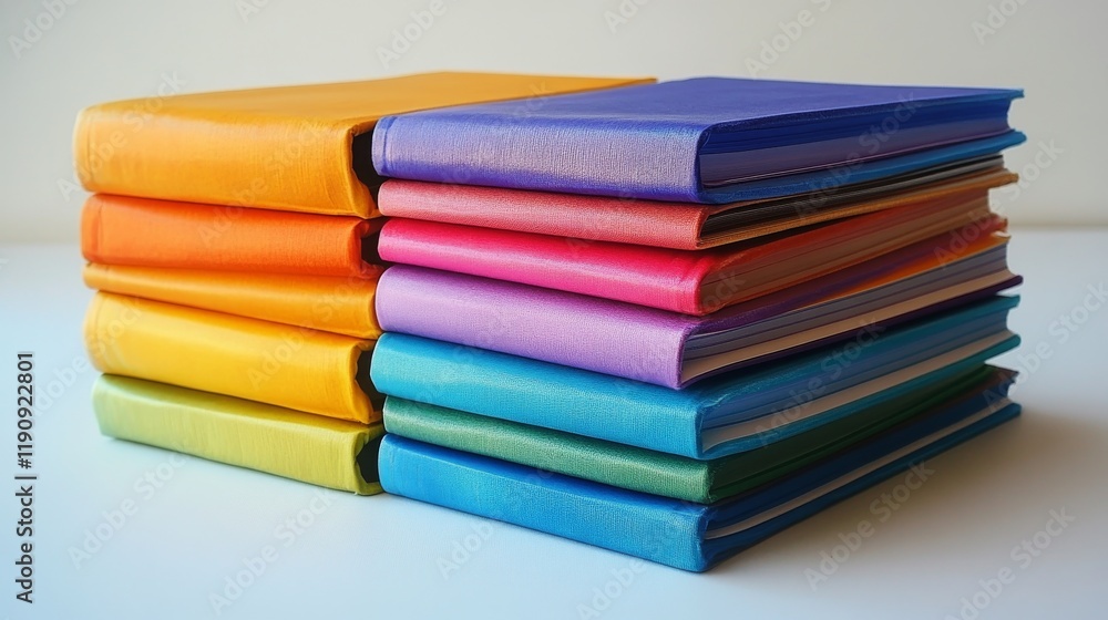 Poster brightly colored notebooks stacked in a balanced arrangement on a plain surface