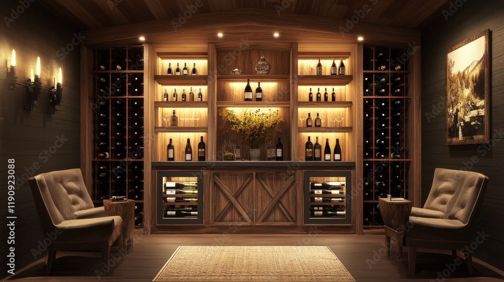 Poster a beautifully arranged wine collection on rustic wooden racks in a dimly lit cellar, creating a time