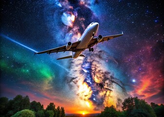 Obraz premium Night Flight: Airplane Silhouette Against Milky Way Galaxy - Stunning Astro Photography