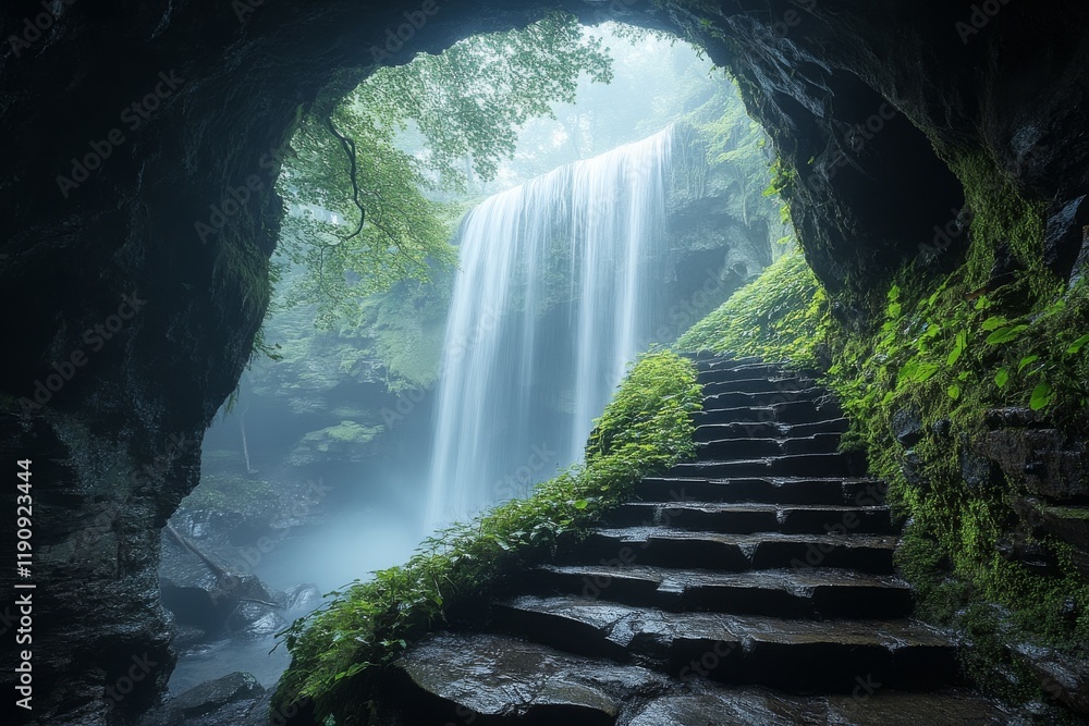 Poster waterfall cascading from cave into misty forest in tranquil natural setting
