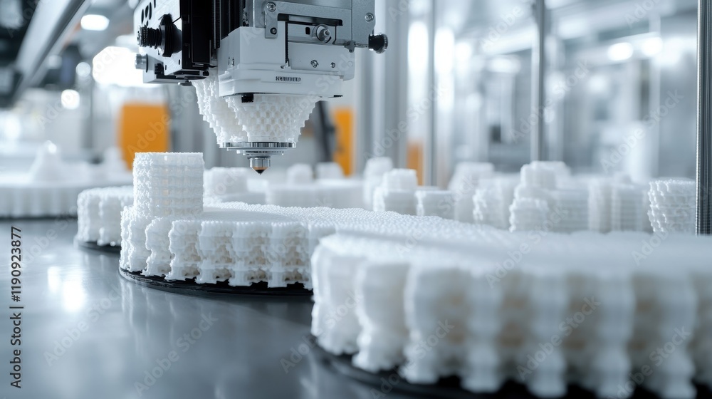 Poster automated industrial 3d printer producing intricate plastic geometric shapes on a modern production 