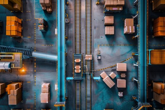 Aerial view of a warehouse with organized packages and conveyor systems for efficient logistics.