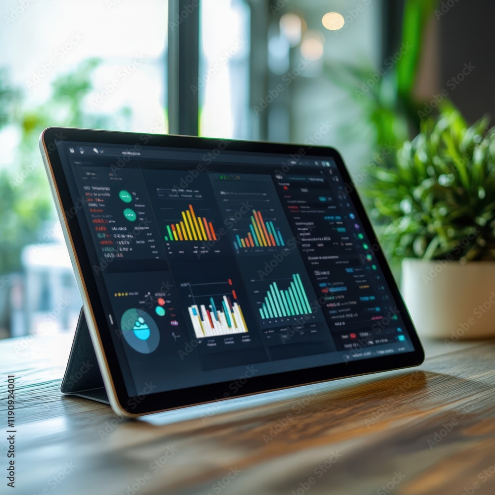 Poster a sleek tablet displaying colorful data visualizations, set on a wooden surface with a plant, showca