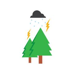 Rain lightning strikes two green trees