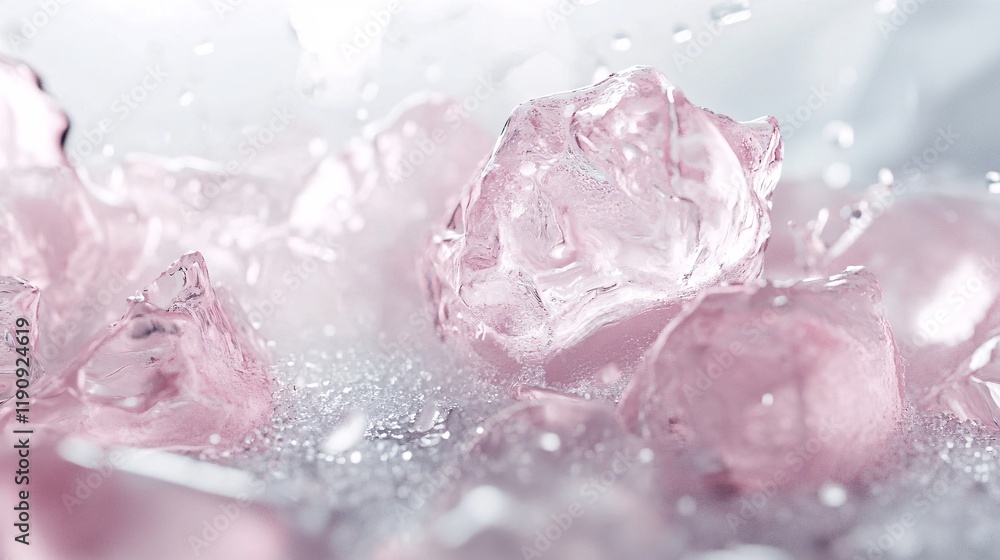 Poster melting pink ice cubes creating refreshing water splashes