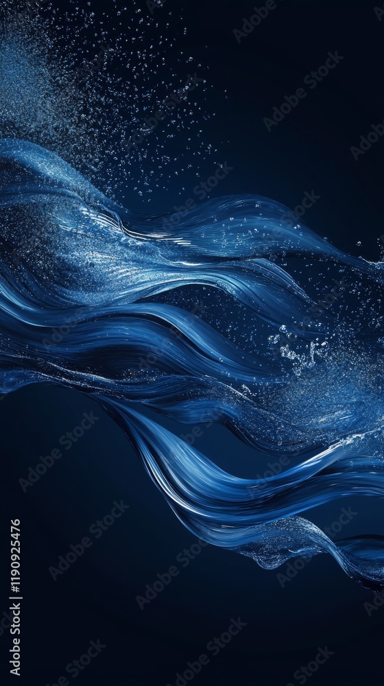 Poster this captivating abstract art features flowing blue waves entwined with sparkling droplets, set agai