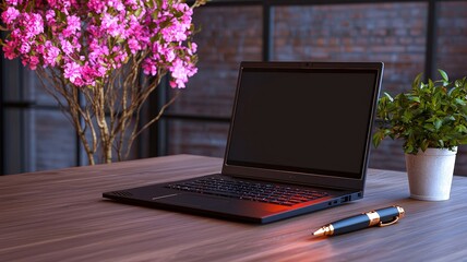 A sleek laptop sits on a wooden desk, surrounded by plants and pink flowers, creating a modern and inviting workspace.