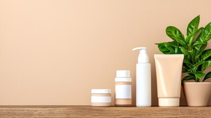A serene arrangement of skincare products beside a vibrant plant on a wooden surface, set against a warm beige background.