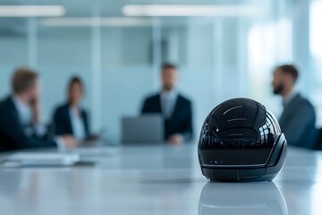A sleek black device sits on a table in a modern office, with blurred business professionals engaged in discussion in the background.