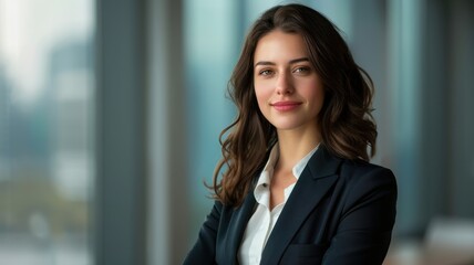 Naklejka premium A confident professional woman poses in a modern office setting, showcasing a blend of elegance and determination.