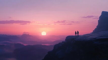 A calm and inspiring scene of two people on a mountaintop at sunrise, holding hands and watching the horizon, symbolizing personal growth, renewal, and the start of a new journey