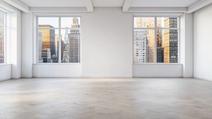 Fototapeta premium A bright, spacious room with large windows showcasing a city skyline, featuring a minimalist design and ample natural light.