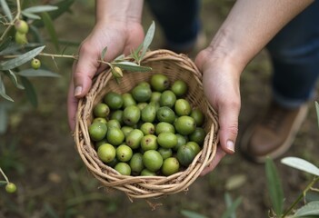 Hands Holding Wicker Basket Of Green Olives With Olive Branches In Outdoor Setting