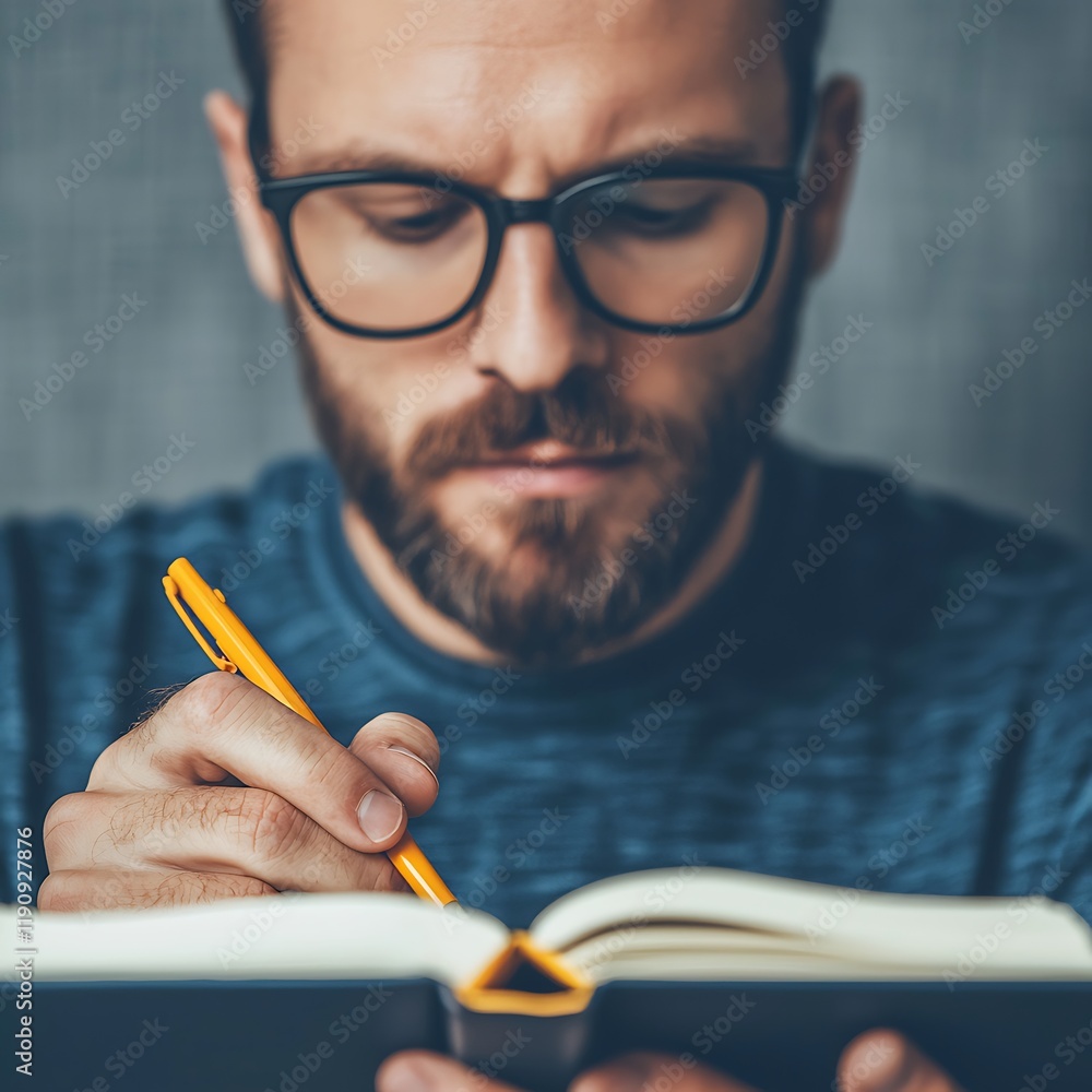 Poster a focused man with glasses writes in a notebook, showing concentration and creativity in a casual se