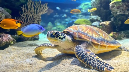 Fototapeta premium Majestic Sea Turtle in a Vibrant Aquarium