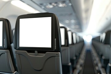 High Definition View of Mockup of Aircraft Monitor on Cabin in Passenger Seat Plane Interior