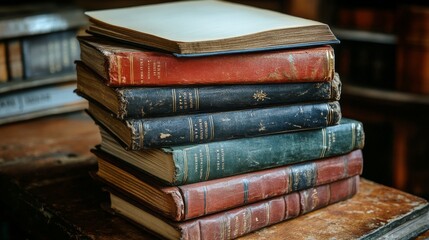 Fototapeta premium Stacked vintage books on a rustic wooden table with flowers in a decorative vase