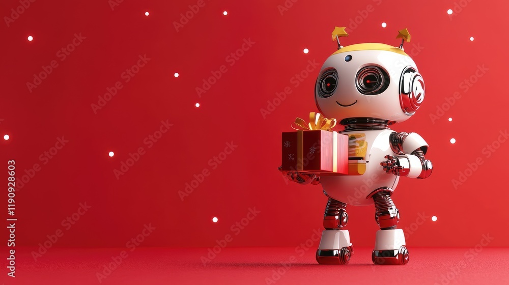 Poster a charming robot holding a gift box on a red background, creating a joyful and fun atmosphere, ideal