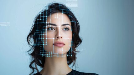 A woman gazes thoughtfully as digital graphics overlay her face, symbolizing technology and innovation in facial recognition.