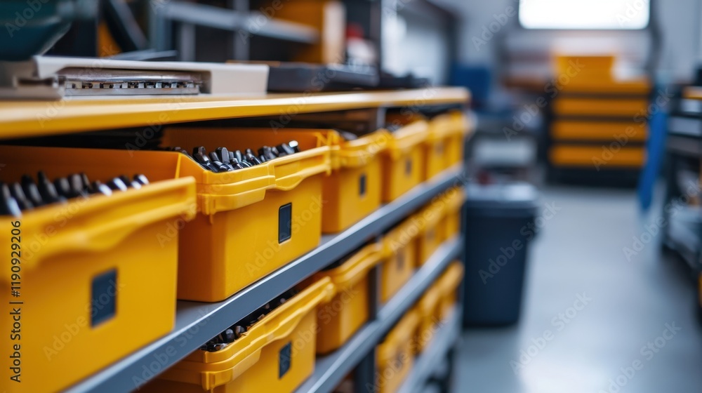Poster rows of yellow plastic boxes neatly storing various components create an efficient organization syst