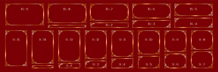 set gold line frames in Chinese style, thin luxury borders of rectangular shape, different formats