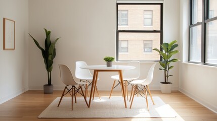 A modern dining area featuring a white table, stylish chairs, and greenery, illuminated by natural light from large windows.