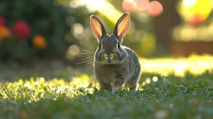 Rabbit exploring a lush garden during golden hour with colorful flowers in the background
