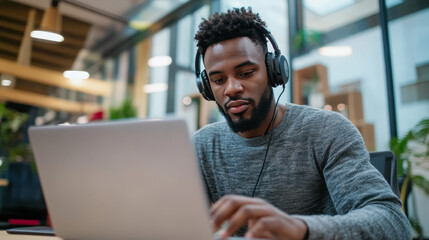 Focused man with headset working on laptop in cafe