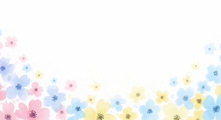 Subtle watercolor blooms in pastel pink, sky blue, and lemon yellow, seamlessly fading into a white background.