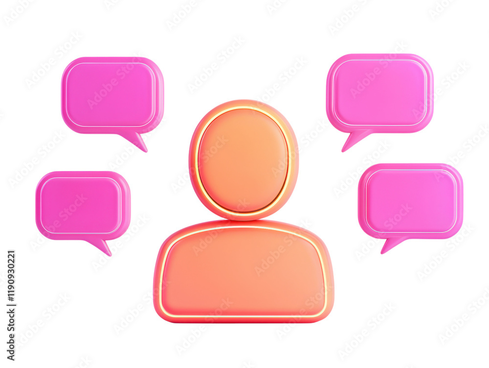 Poster bright and colorful a person surrounded by orbiting speech bubbles representing communication and co