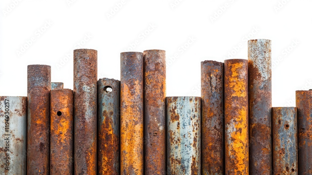 Poster A close-up of corroded and rusty metal piles arranged in a minimalistic composition, with a clean white background to enhance the textures