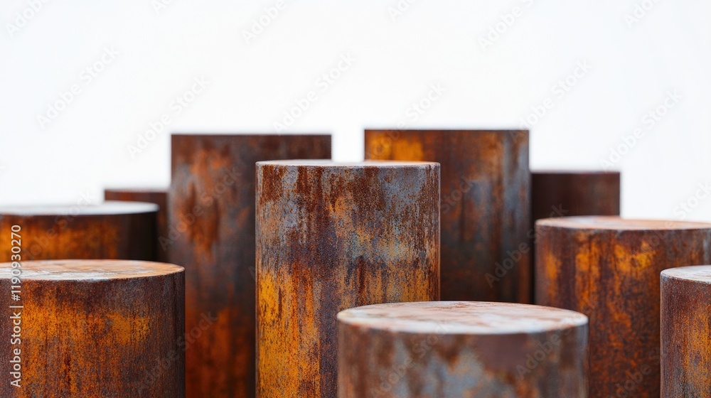 Poster A close-up of corroded and rusty metal piles arranged in a minimalistic composition, with a clean white background to enhance the textures