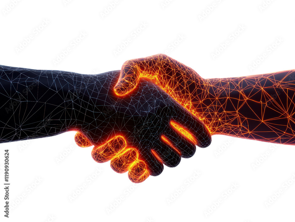 Poster dynamic handshake with glowing lines for modern visualization of partnership and collaboration in di