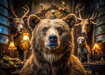 Nostalgic Taxidermy Bear & Vintage Hunting Trophies - Low Light Photography