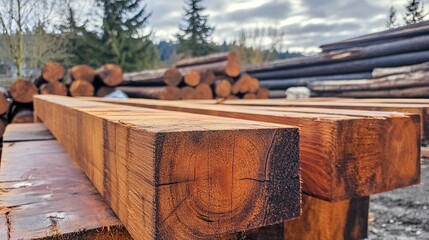 A close-up of sun-dried square-cut lumber beams on an outdoor yard, with distant logs, showcasing the rugged texture and craftsmanship of the wood
