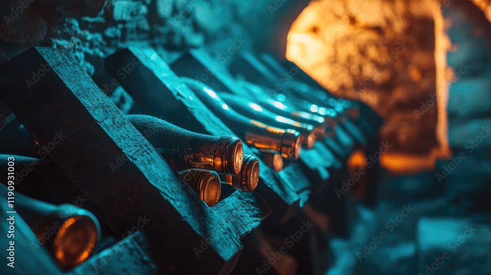 Poster A close-up of wine bottles on rustic wooden racks in a dimly lit cellar, casting a soft glow over the collection and creating a rich, atmospheric vibe