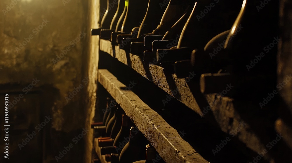 Poster A close-up of wine bottles on rustic wooden racks in a dimly lit cellar, casting a soft glow over the collection and creating a rich, atmospheric vibe