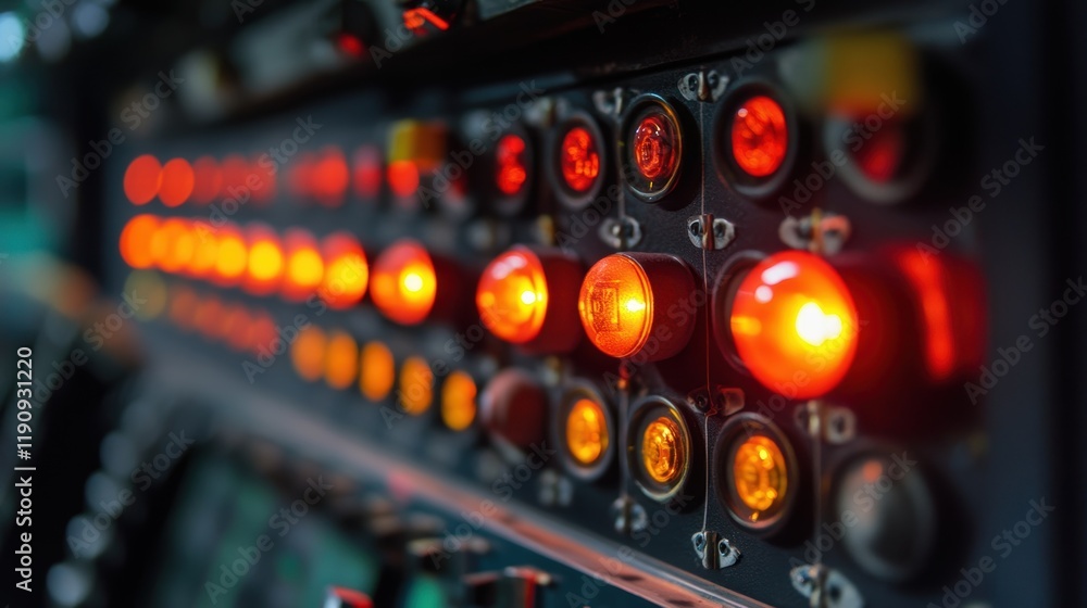 Poster rows of illuminated red buttons and switches on a control panel suggest ongoing operations in a manu