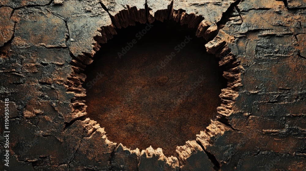 Poster A close-up view of a big hole in a brick wall, showing the rough texture of the exposed bricks. The image features clean edges with clipping path for easy use in design projects