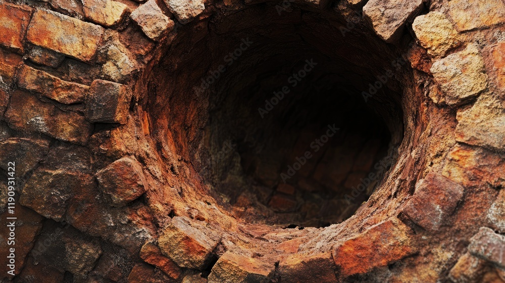 Poster A close-up view of a big hole in a brick wall, showing the rough texture of the exposed bricks. The image features clean edges with clipping path for easy use in design projects