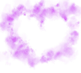 Realistic smoky purple fluffy heart shaped cloud on transparent background. Romantic golden translucent smoke floating in the shape of a heart. PNG. 