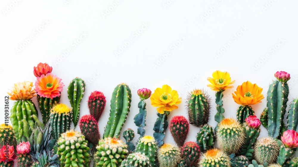 Poster A collection of brightly hued cacti in various shapes and sizes, set against a clean white backdrop, showcasing their vibrant colors and unique textures in a minimalist style