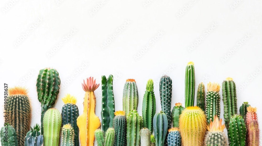 Poster A collection of brightly hued cacti in various shapes and sizes, set against a clean white backdrop, showcasing their vibrant colors and unique textures in a minimalist style