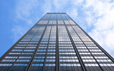 Skyward view of modern skyscraper urban landscape architecture