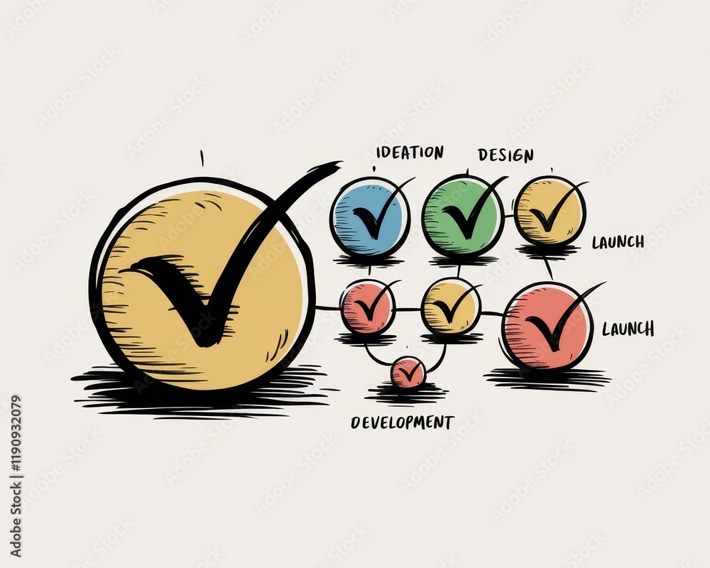 Poster successful project completion visualized through checkmarks and stages