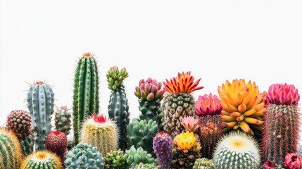 Fototapeta premium A collection of vibrant, uniquely shaped cacti, isolated against a clean white backdrop, highlighting their bold colors and intricate details